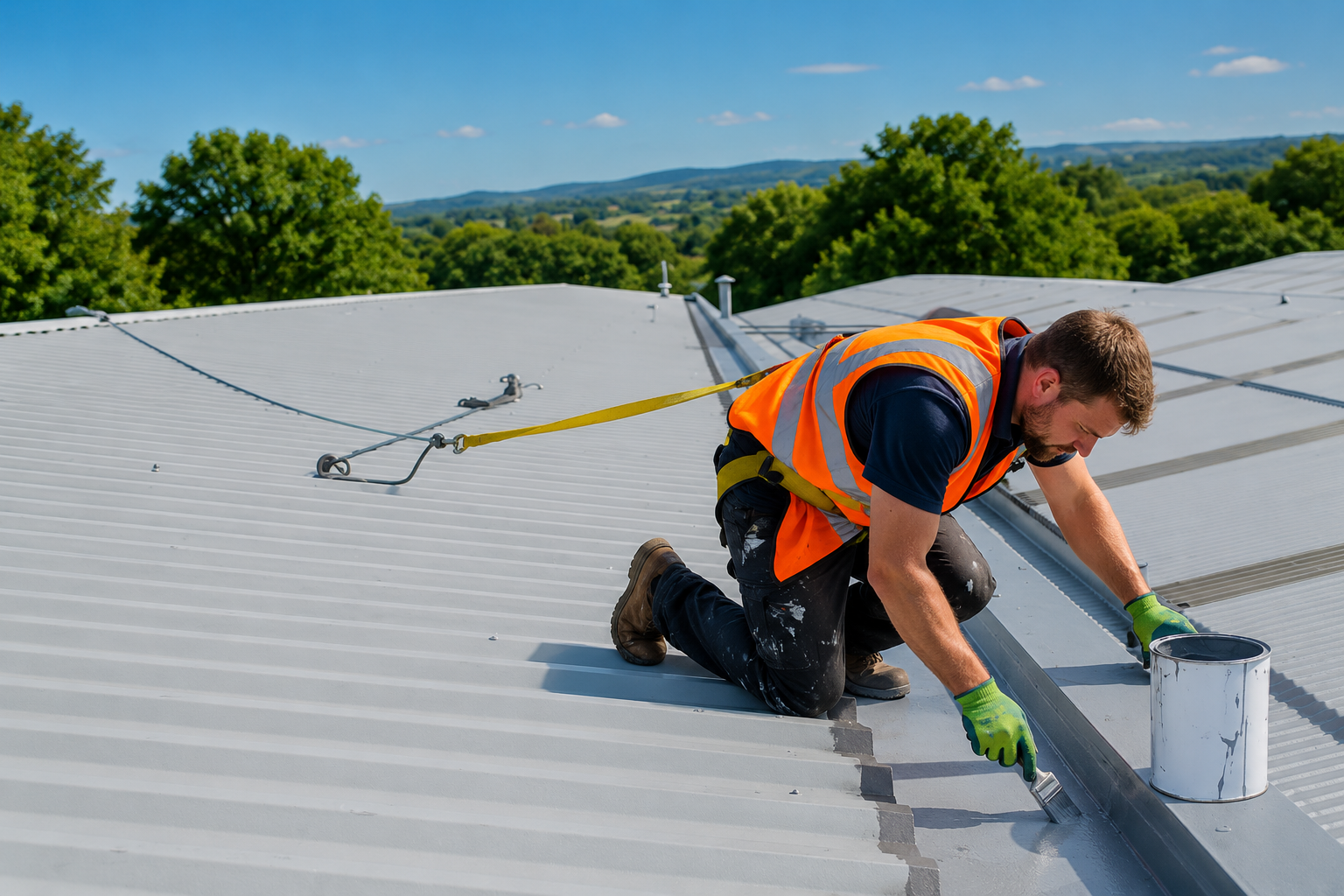 MAN REPAIRING METAL ROOF